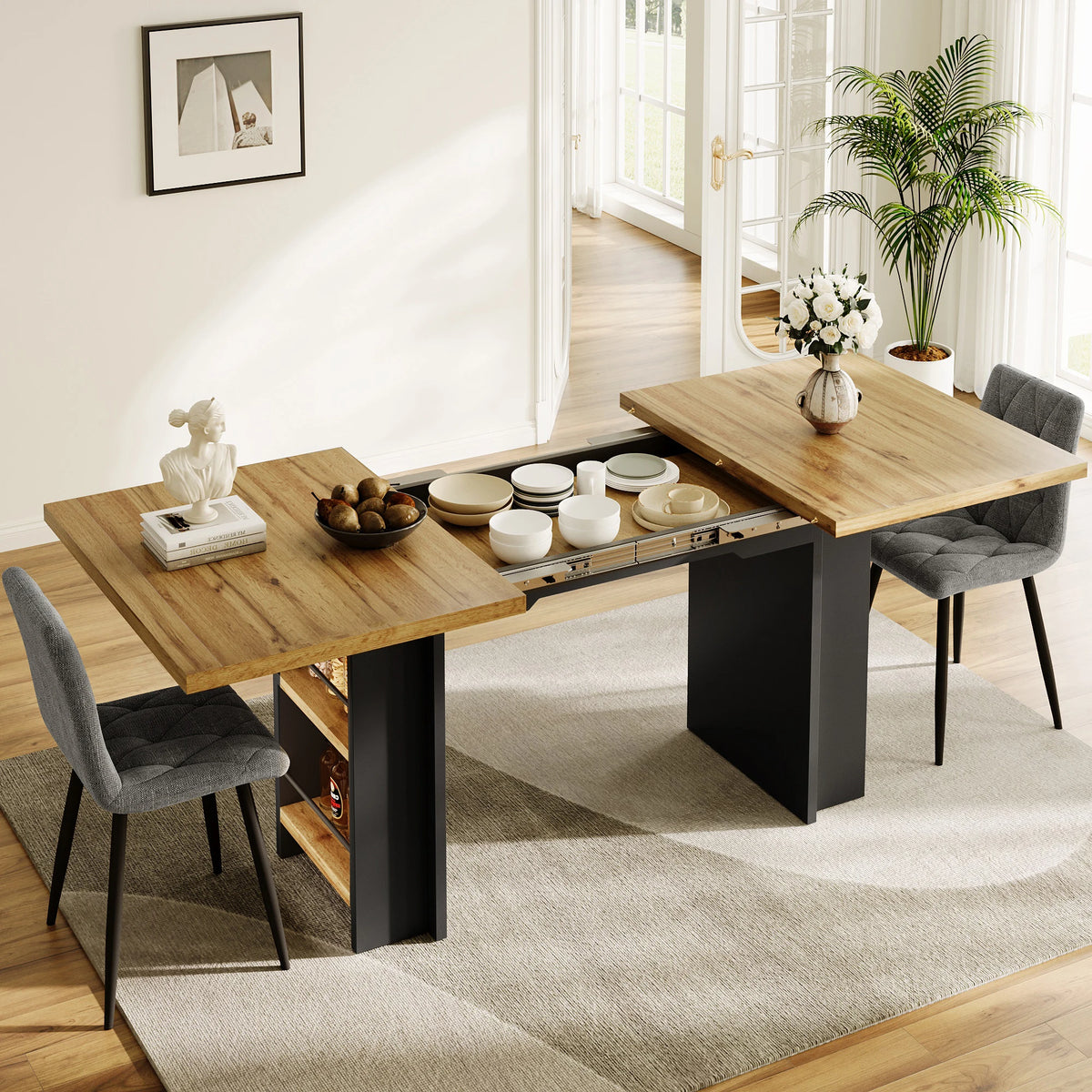 Table à manger extensible 120-160 × 80 cm avec étagères, table de cuisine et table de travail multifonctionnelle aspect bois