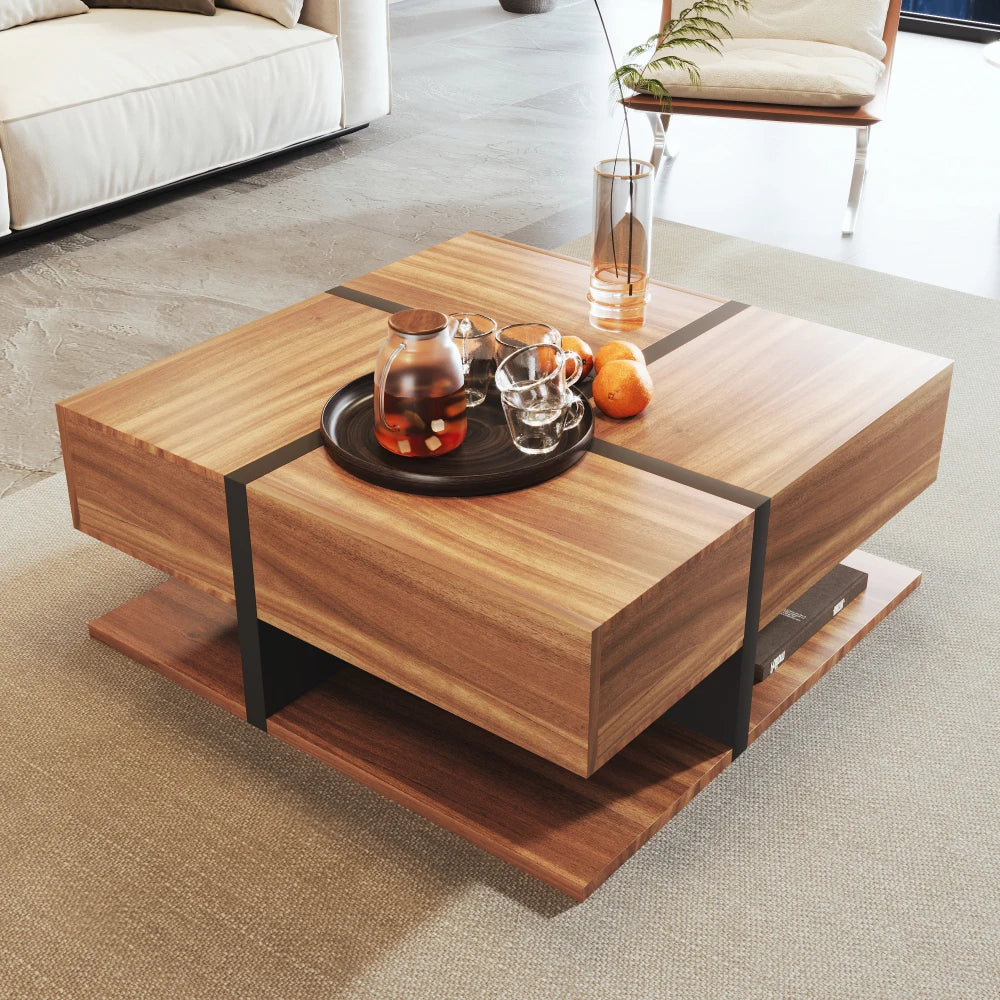 ​ ​ Table basse moderne de 78 cm avec bois chaud - Rangement à 4 tiroirs à deux niveaux avec design géométrique pour un salon élégant ​ ​ ﻿