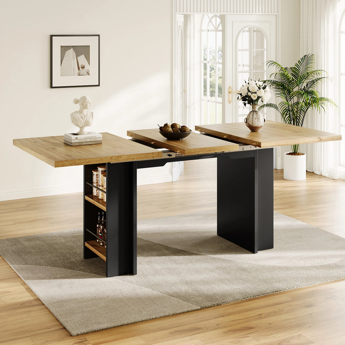 Table à manger extensible 120-160 × 80 cm avec étagères, table de cuisine et table de travail multifonctionnelle aspect bois
