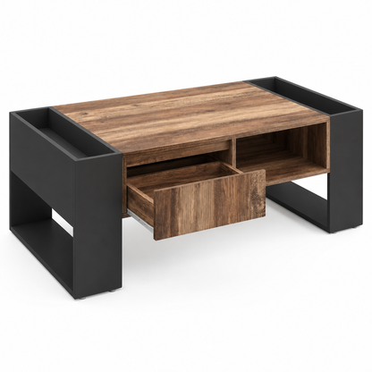 Table Basse Bois Massif Rangement Niches et Tiroir Noir | KOMORI