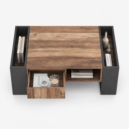 Table Basse Bois Massif Rangement Niches et Tiroir Noir | KOMORI