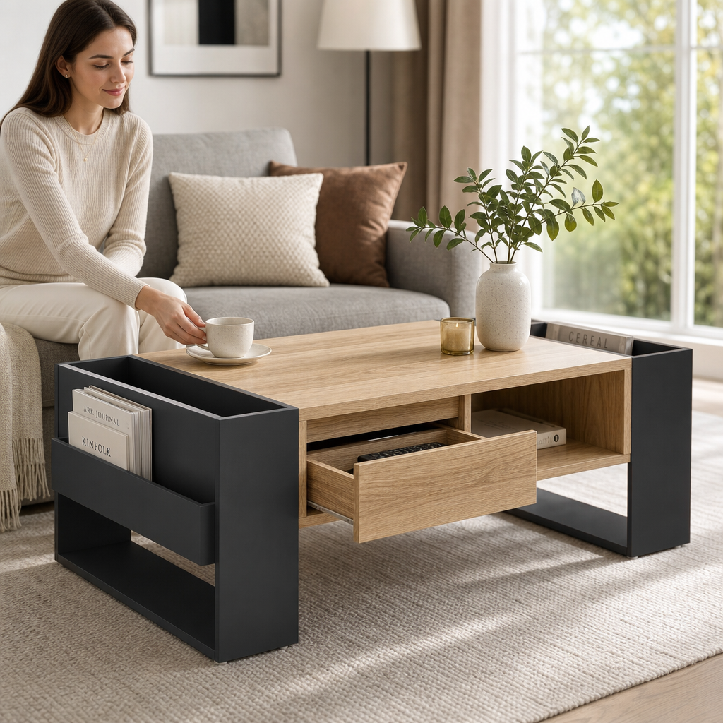 Table Basse Bois Massif Rangement Niches et Tiroir Noir | KOMORI