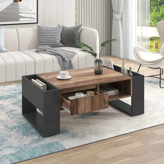 Table Basse Bois Massif Rangement Niches et Tiroir Noir | KOMORI