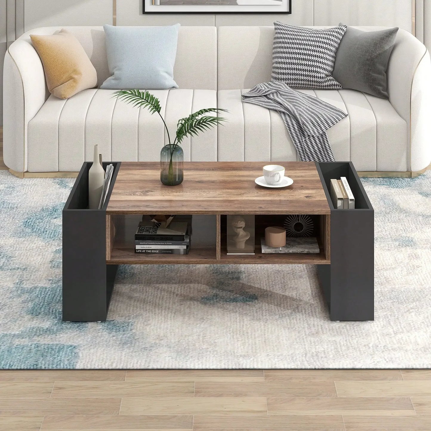 Table Basse Bois Massif Rangement Niches et Tiroir Noir | KOMORI