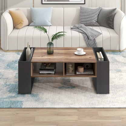 Table Basse Bois Massif Rangement Niches et Tiroir Noir | KOMORI